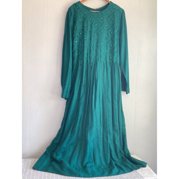 VTG Sarah Elizabeth Green Dress Embroidered Rayon Long Flowy Boho Western Sz 14 - Picture 1 of 12